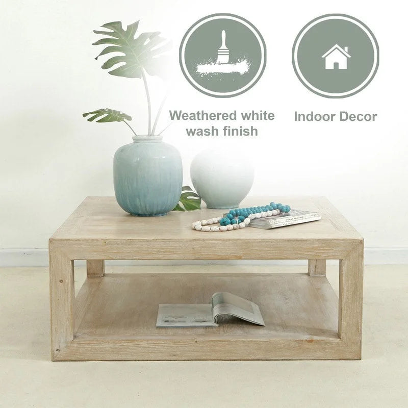 Mesa de centro de interior cuadrada de madera blanca envejecida con marco, 39.4L