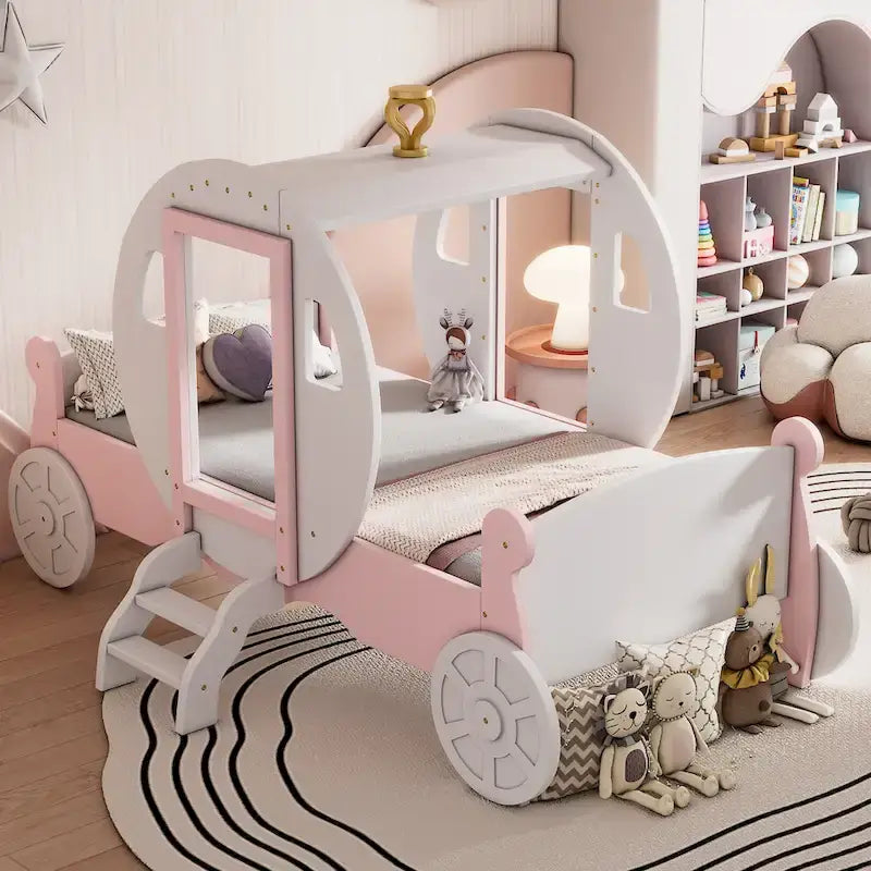 Lit carrosse de princesse format twin avec couronne, lit voiture plateforme en bois avec escalier, blanc et rose