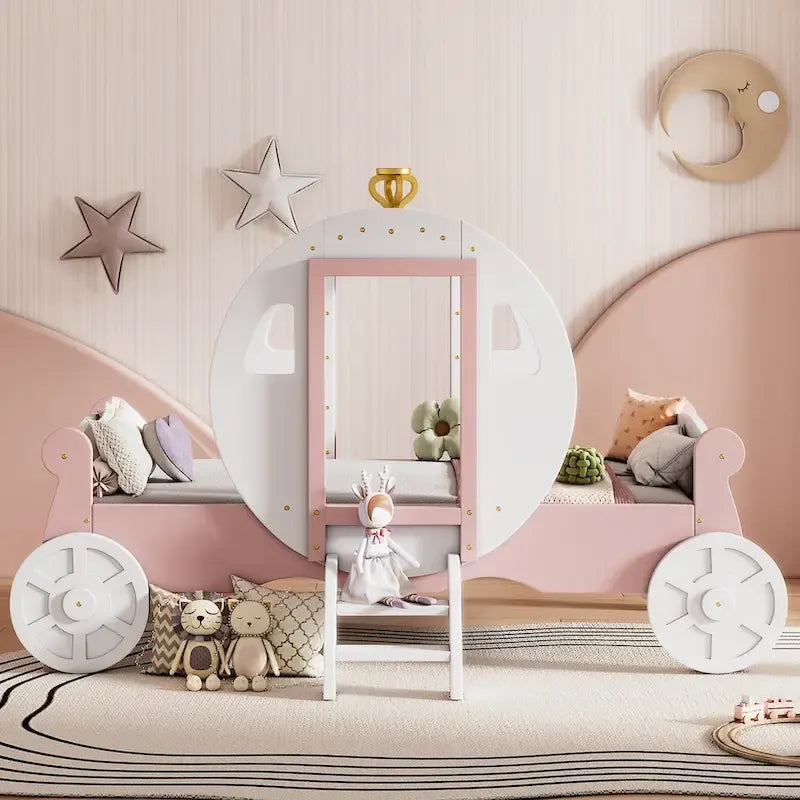 Cama carruaje de princesa tamaño individual con corona, cama tipo auto con plataforma de madera y escalera, blanca y rosa