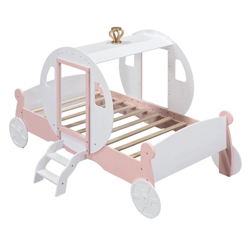 Cama carruaje de princesa tamaño individual con corona, cama tipo auto con plataforma de madera y escalera, blanca y rosa
