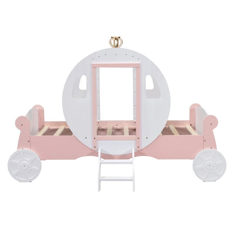 Lit carrosse de princesse format twin avec couronne, lit voiture plateforme en bois avec escalier, blanc et rose