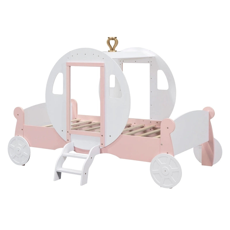 Cama carruaje de princesa tamaño individual con corona, cama tipo auto con plataforma de madera y escalera, blanca y rosa