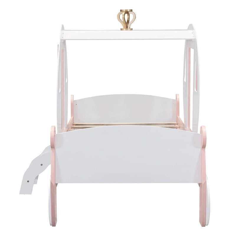 Cama carruaje de princesa tamaño individual con corona, cama tipo auto con plataforma de madera y escalera, blanca y rosa