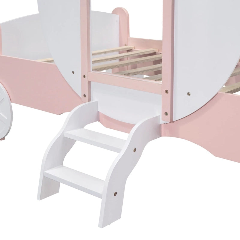 Cama carruaje de princesa tamaño individual con corona, cama tipo auto con plataforma de madera y escalera, blanca y rosa