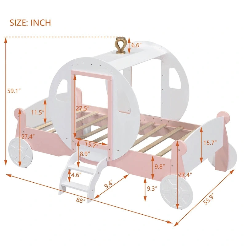 Cama carruaje de princesa tamaño individual con corona, cama tipo auto con plataforma de madera y escalera, blanca y rosa