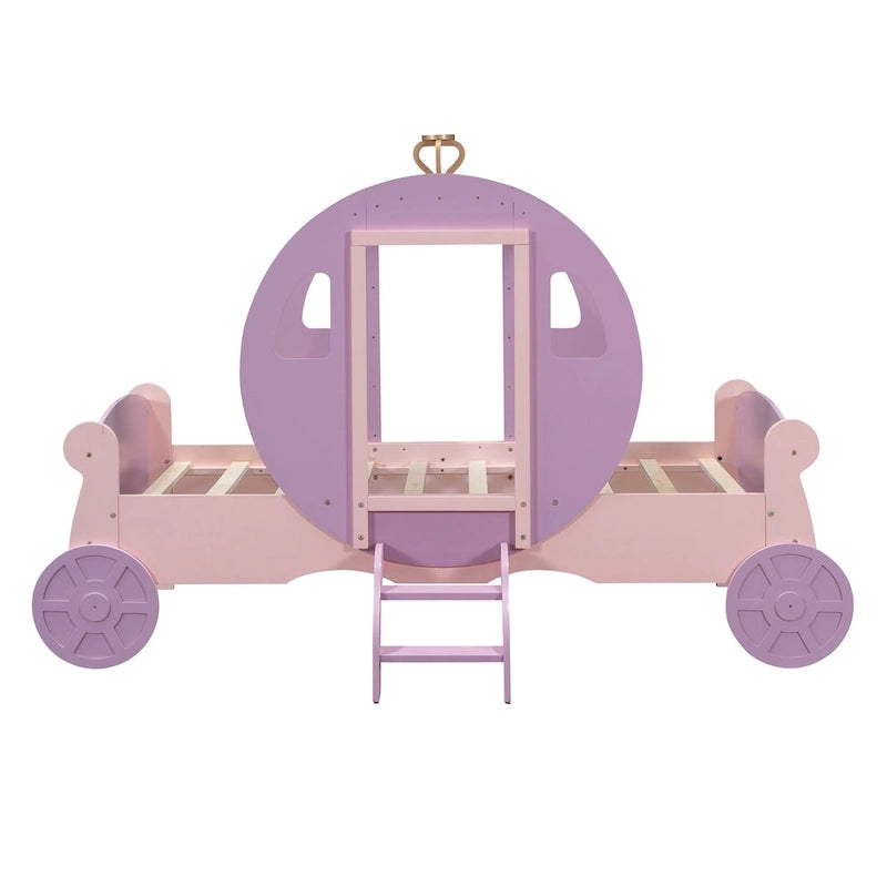 Cama carruaje de princesa tamaño individual con corona, cama tipo auto con plataforma de madera y escalera, blanca y rosa