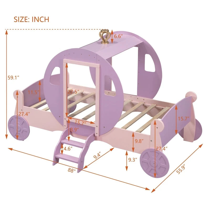 Cama carruaje de princesa tamaño individual con corona, cama tipo auto con plataforma de madera y escalera, blanca y rosa