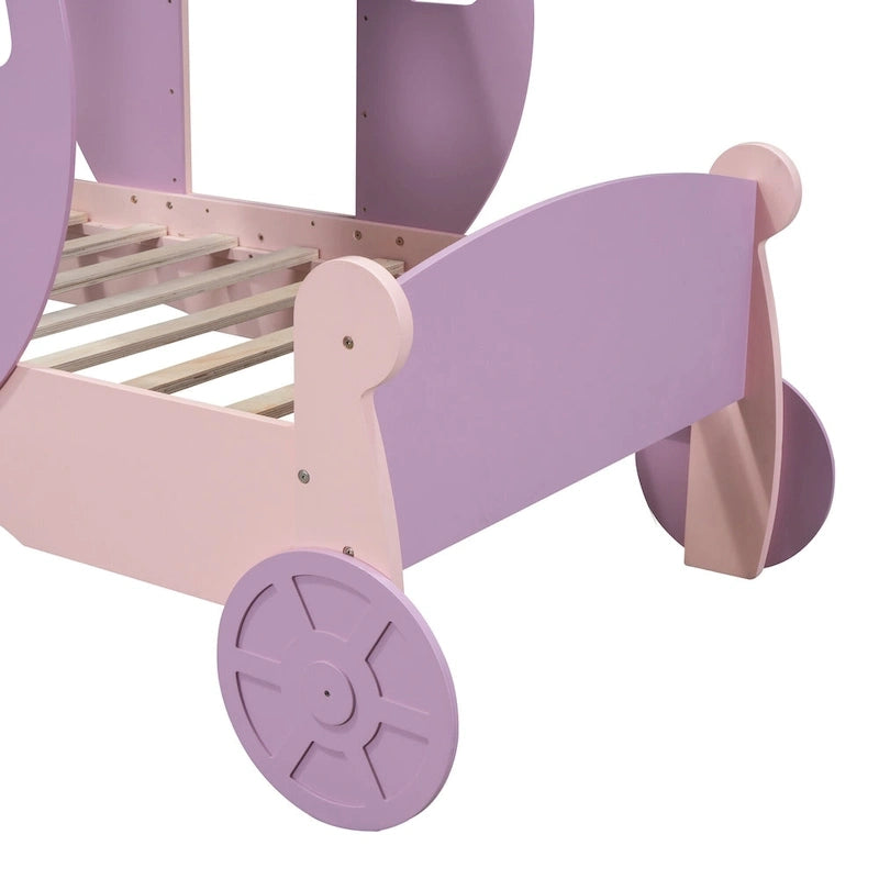 Cama carruaje de princesa tamaño individual con corona, cama tipo auto con plataforma de madera y escalera, blanca y rosa