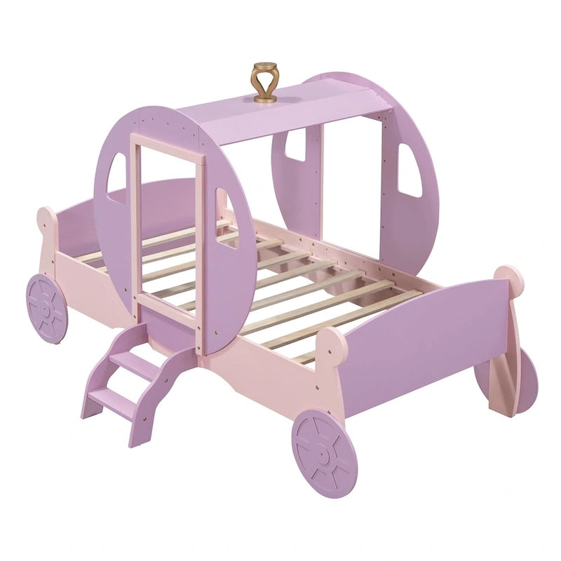 Cama carruaje de princesa tamaño individual con corona, cama tipo auto con plataforma de madera y escalera, blanca y rosa