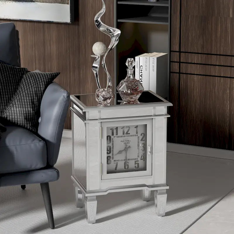 Table de chevet miroir avec horloge, table d’appoint argentée pour chambre ou salon - 19x13x25