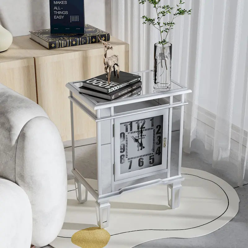 Table de chevet miroir avec horloge, table d’appoint argentée pour chambre ou salon - 19x13x25