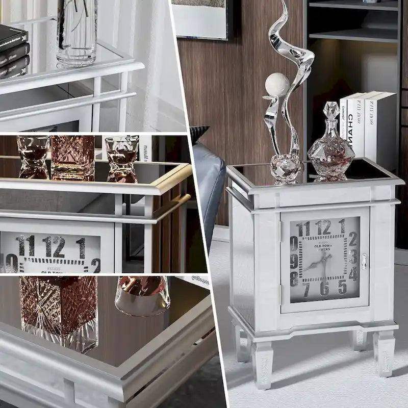 Table de chevet miroir avec horloge, table d’appoint argentée pour chambre ou salon - 19x13x25