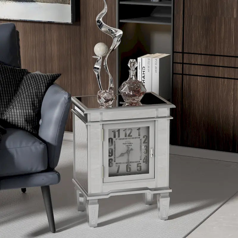 Table de chevet miroir avec horloge, table d’appoint argentée pour chambre ou salon - 19x13x25