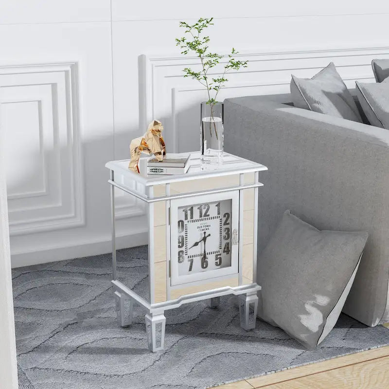 Table de chevet miroir avec horloge, table d’appoint argentée pour chambre ou salon - 19x13x25