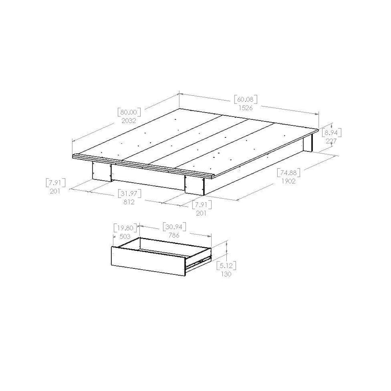 Estructura de cama plataforma moderna blanca tamaño queen con cajón de almacenamiento inferior