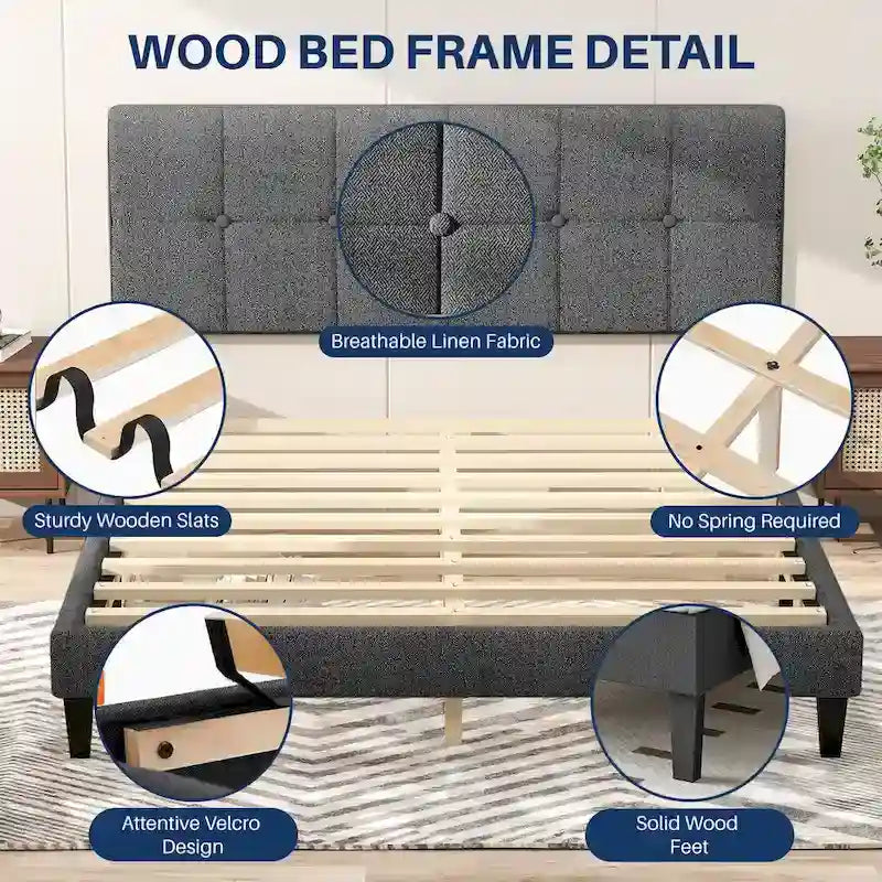 Cama con plataforma y estructura de madera, con cabecero, no necesita somier