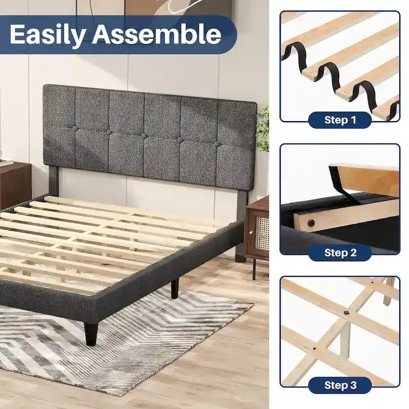 Cama con plataforma y estructura de madera, con cabecero, no necesita somier