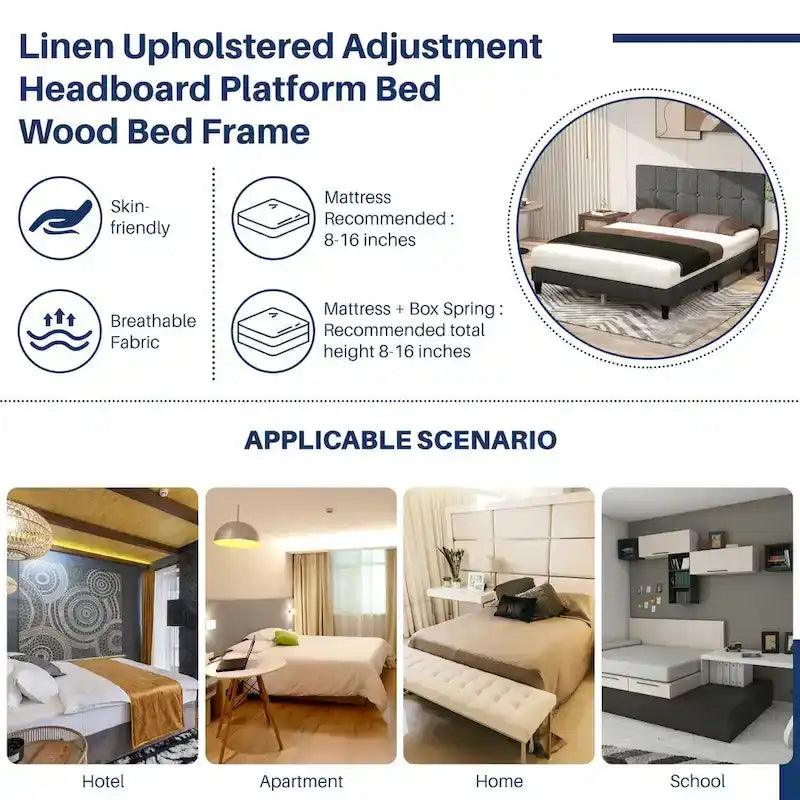 Cama con plataforma y estructura de madera, con cabecero, no necesita somier