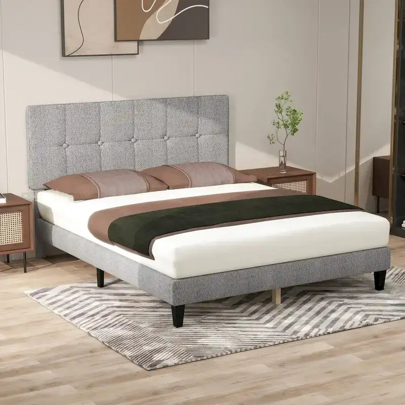 Cama con plataforma y estructura de madera, con cabecero, no necesita somier