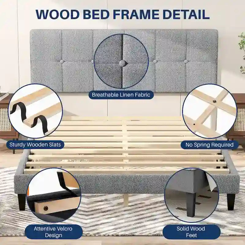 Cama con plataforma y estructura de madera, con cabecero, no necesita somier
