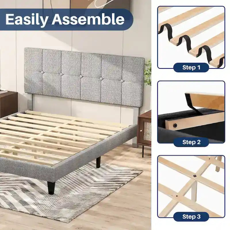 Cama con plataforma y estructura de madera, con cabecero, no necesita somier