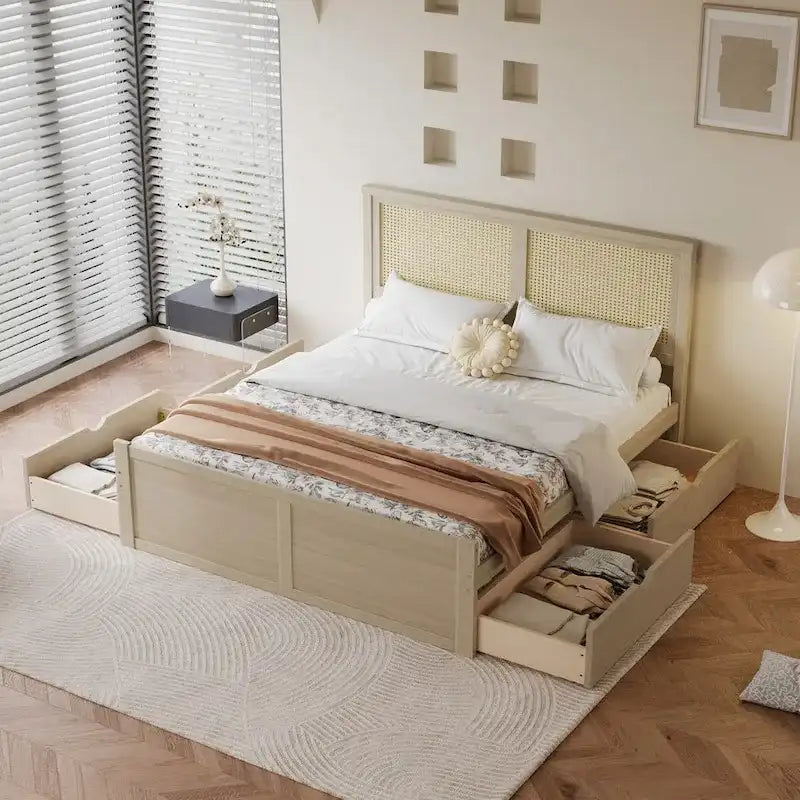 Lit plateforme avec tête de lit en rotin et rangement, 4 tiroirs