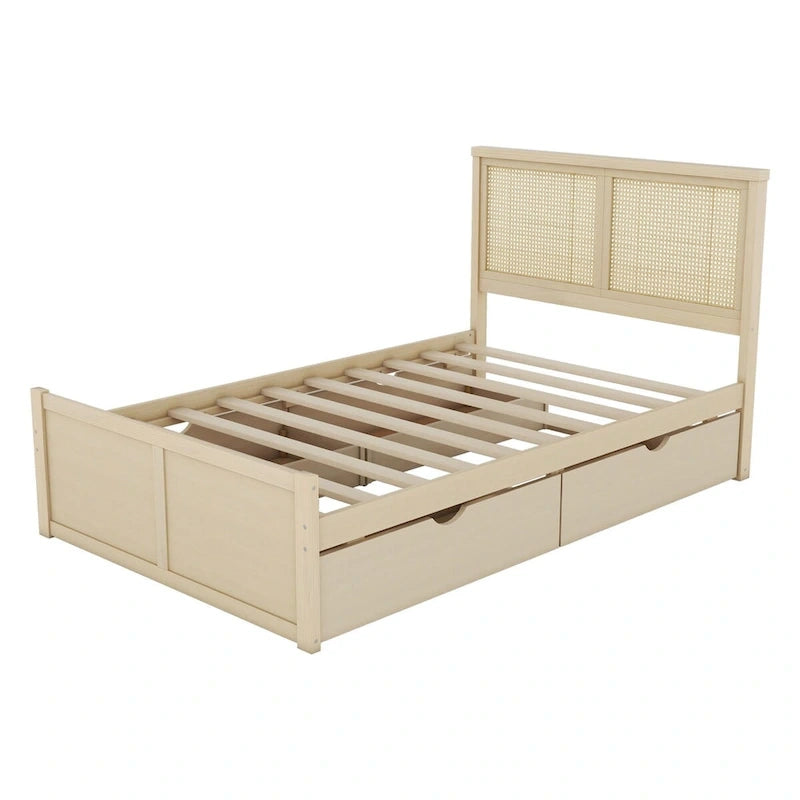 Lit plateforme avec tête de lit en rotin et rangement, 4 tiroirs
