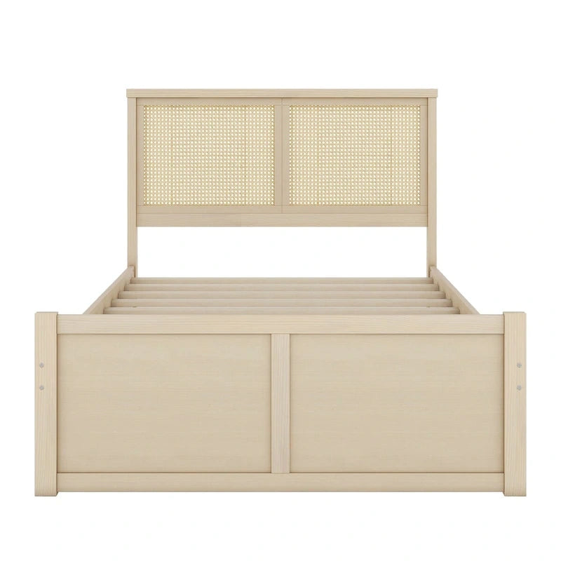 Lit plateforme avec tête de lit en rotin et rangement, 4 tiroirs
