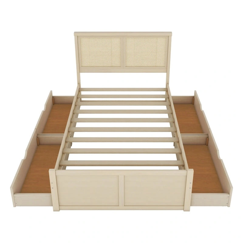 Lit plateforme avec tête de lit en rotin et rangement, 4 tiroirs