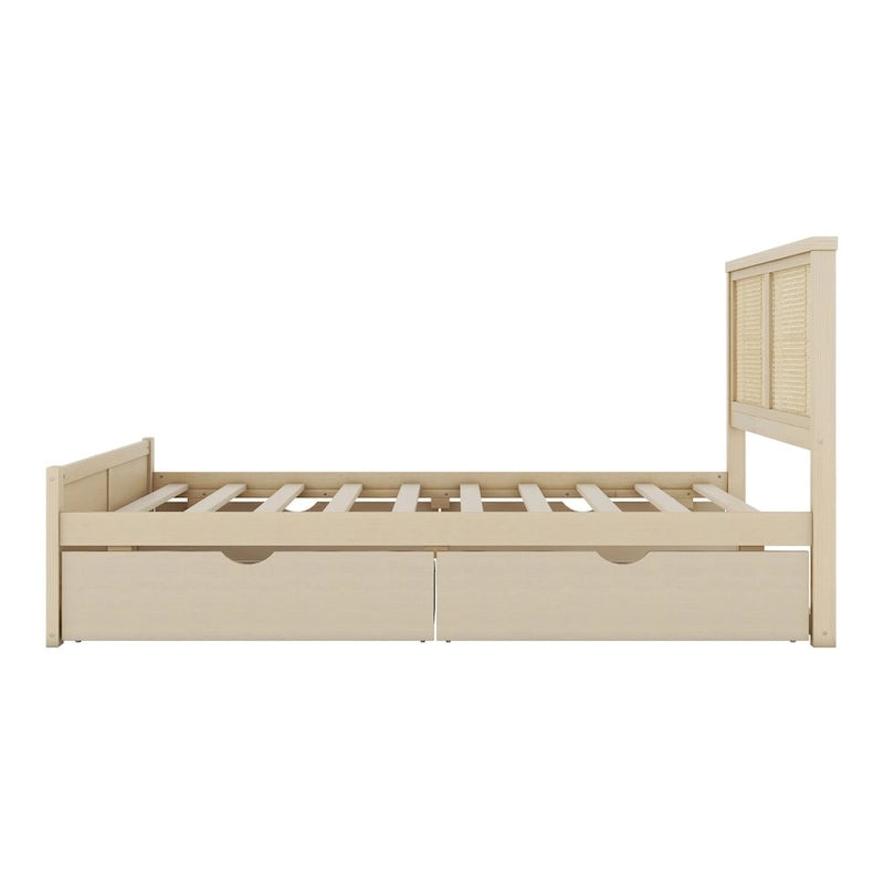 Lit plateforme avec tête de lit en rotin et rangement, 4 tiroirs