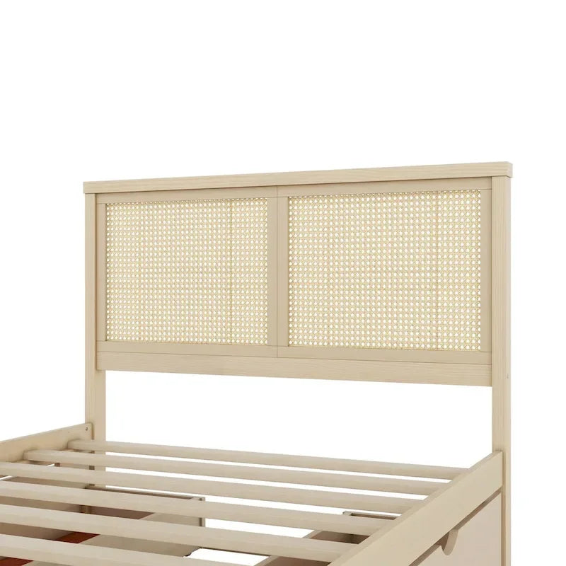 Lit plateforme avec tête de lit en rotin et rangement, 4 tiroirs