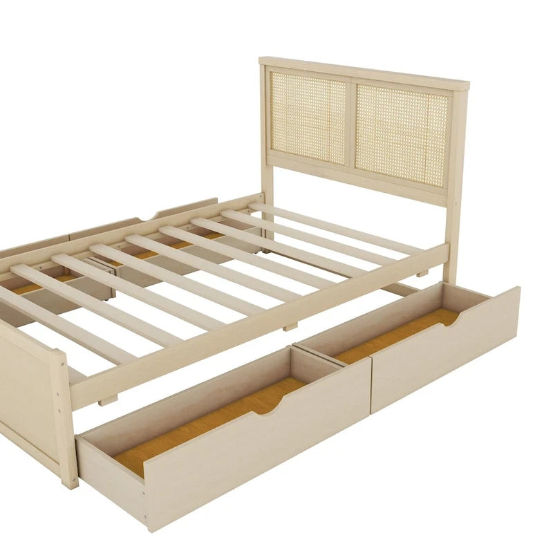 Lit plateforme avec tête de lit en rotin et rangement, 4 tiroirs