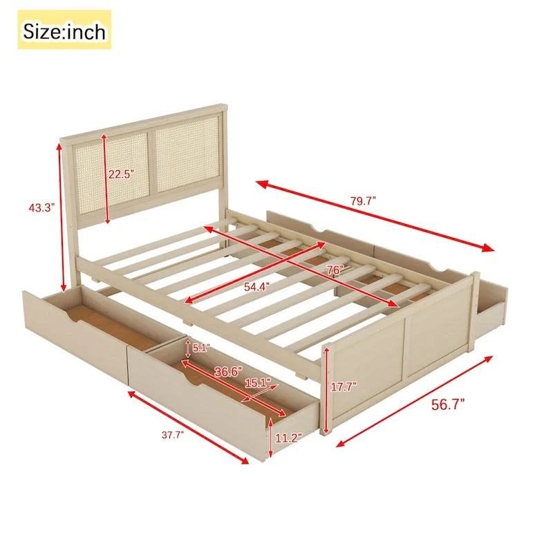 Lit plateforme avec tête de lit en rotin et rangement, 4 tiroirs