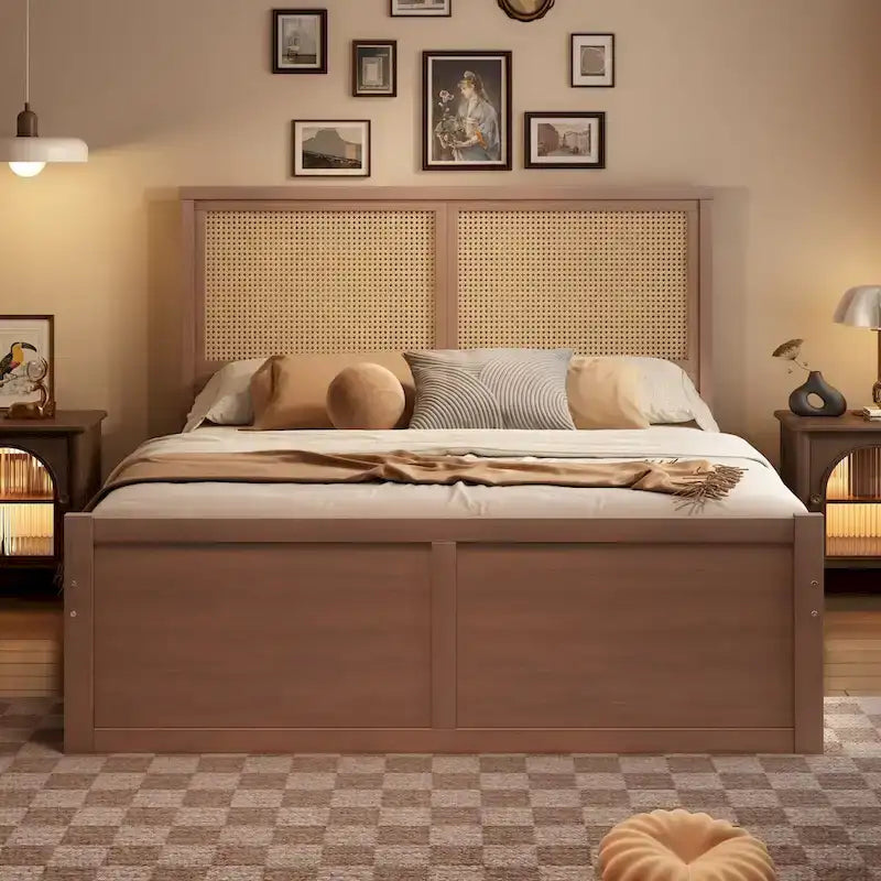 Lit plateforme avec tête de lit en rotin et rangement, 4 tiroirs