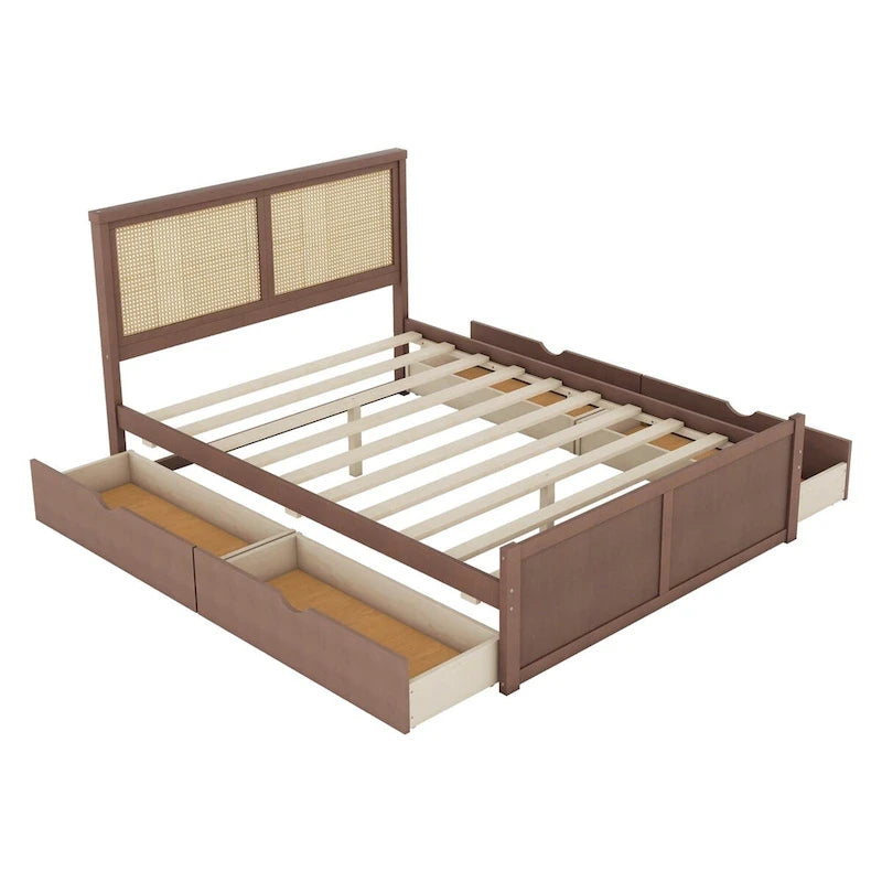 Lit plateforme avec tête de lit en rotin et rangement, 4 tiroirs