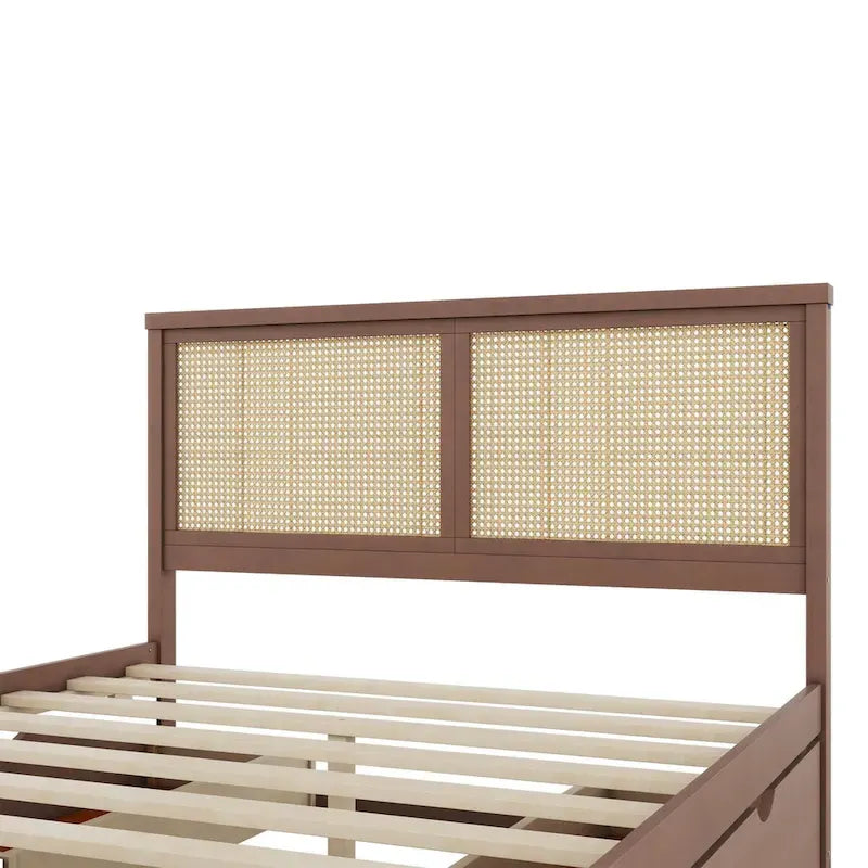 Lit plateforme avec tête de lit en rotin et rangement, 4 tiroirs