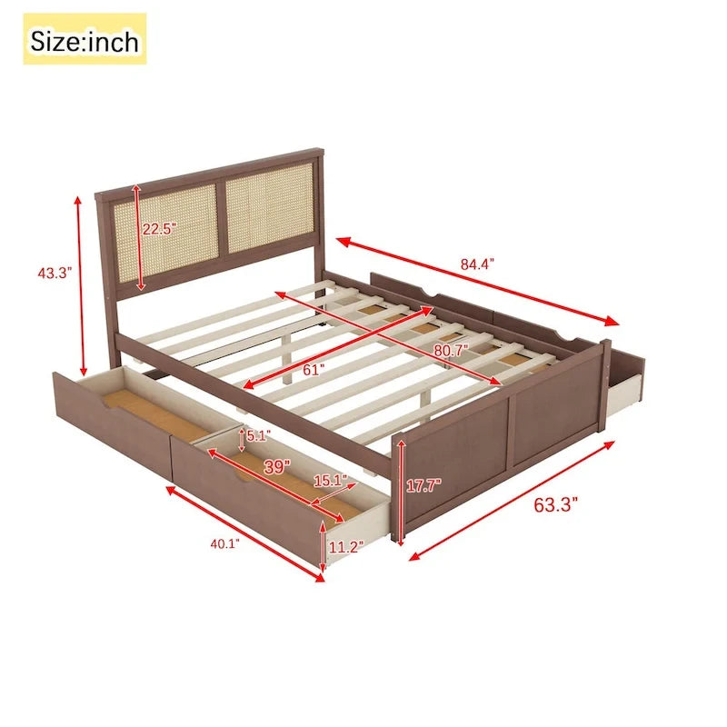 Lit plateforme avec tête de lit en rotin et rangement, 4 tiroirs