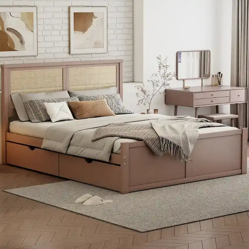 Lit plateforme avec tête de lit en rotin et rangement, 4 tiroirs