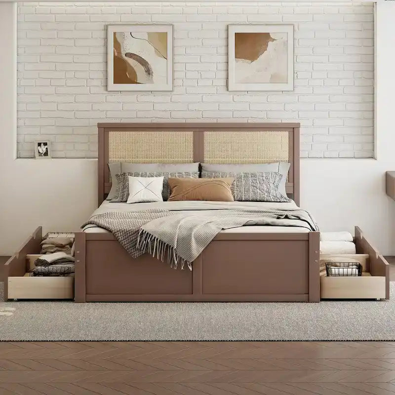 Lit plateforme avec tête de lit en rotin et rangement, 4 tiroirs