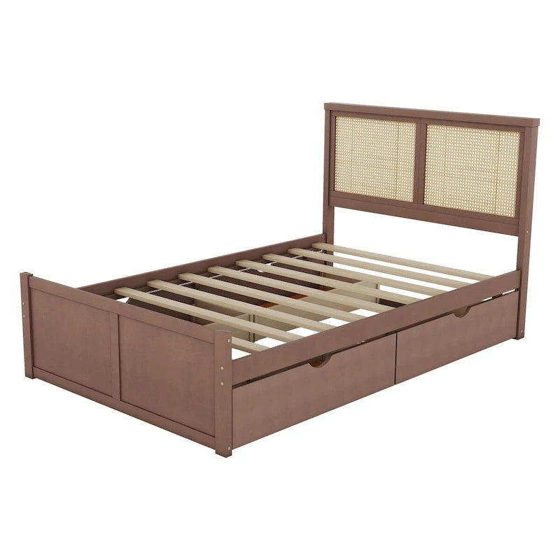 Lit plateforme avec tête de lit en rotin et rangement, 4 tiroirs