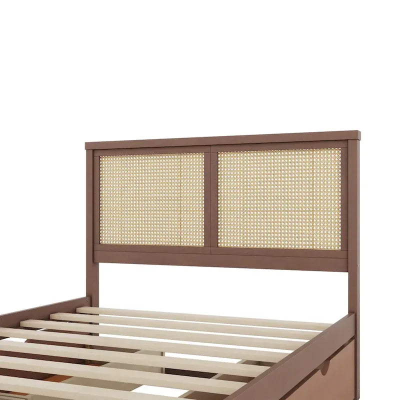 Lit plateforme avec tête de lit en rotin et rangement, 4 tiroirs