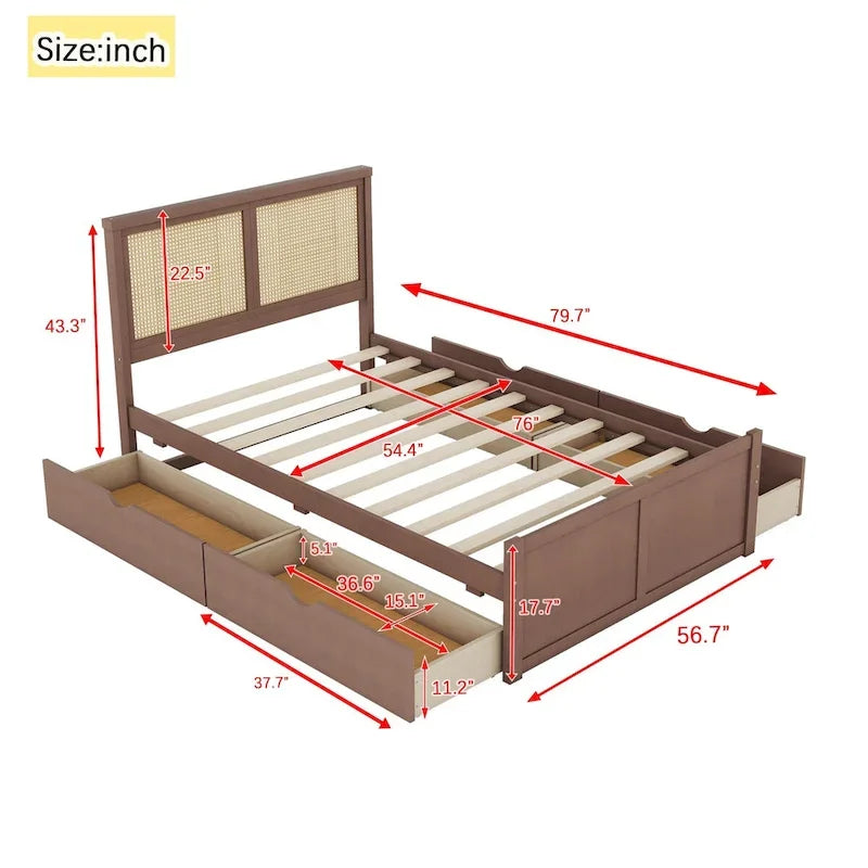 Lit plateforme avec tête de lit en rotin et rangement, 4 tiroirs