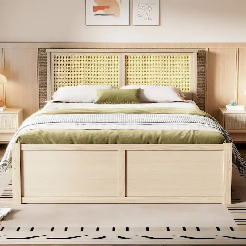 Lit plateforme avec tête de lit en rotin et rangement, 4 tiroirs