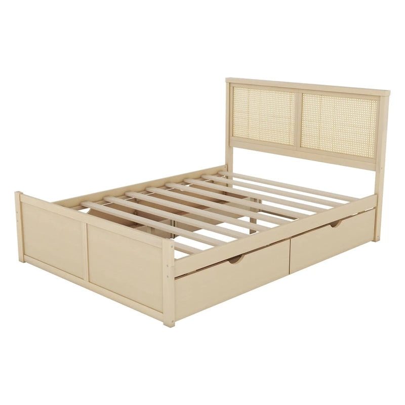 Lit plateforme avec tête de lit en rotin et rangement, 4 tiroirs