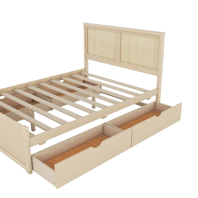 Lit plateforme avec tête de lit en rotin et rangement, 4 tiroirs