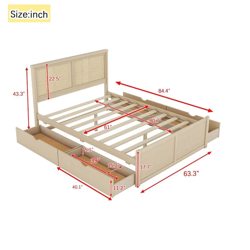 Lit plateforme avec tête de lit en rotin et rangement, 4 tiroirs