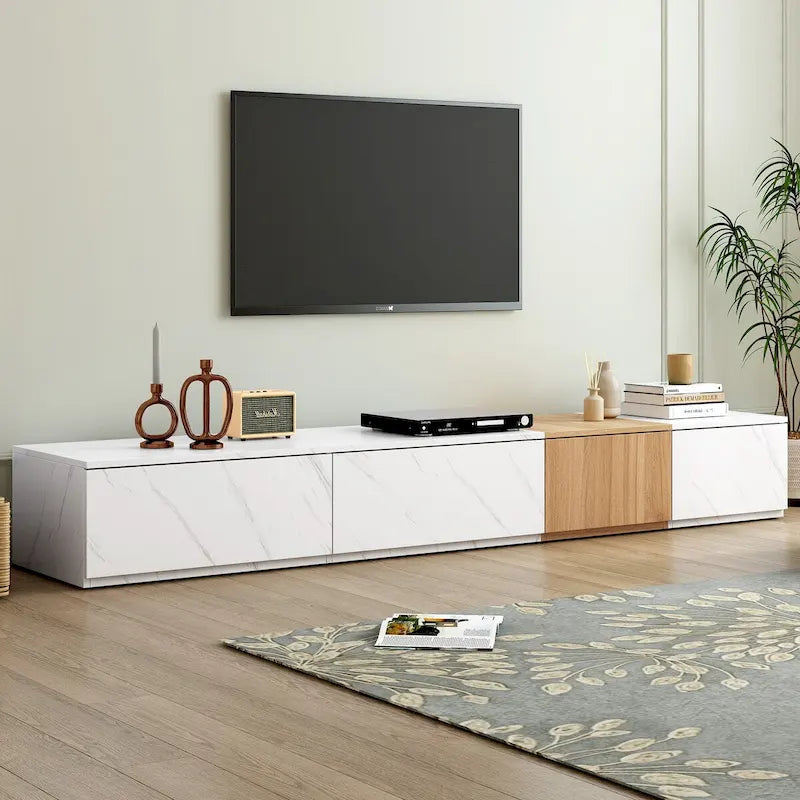 Meuble TV pour téléviseurs jusqu’à 88, centre de divertissement moderne modulable avec 4 tiroirs de rangement