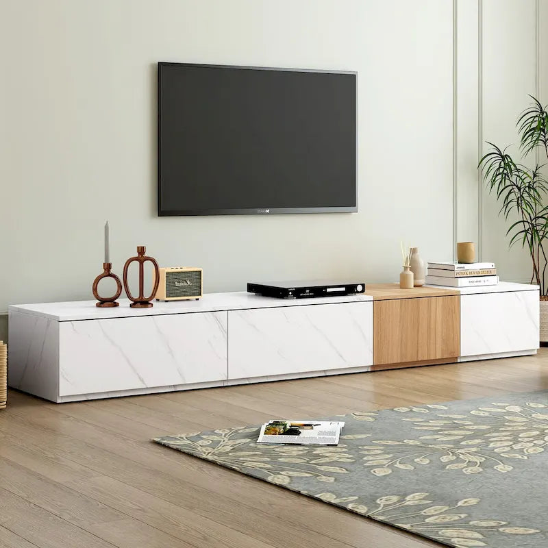 Meuble TV pour téléviseurs jusqu’à 88, centre de divertissement moderne modulable avec 4 tiroirs de rangement