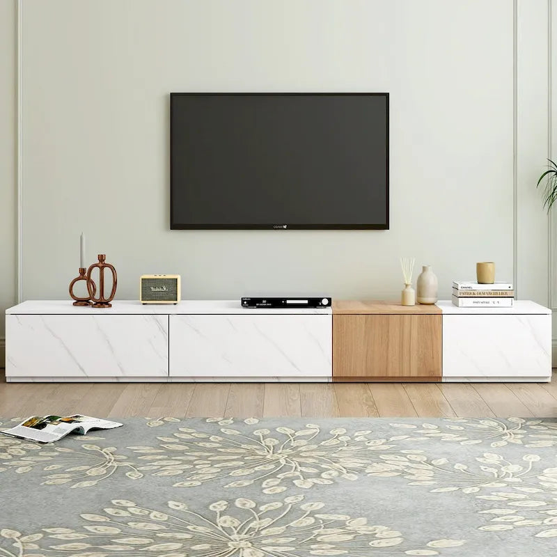 Meuble TV pour téléviseurs jusqu’à 88, centre de divertissement moderne modulable avec 4 tiroirs de rangement