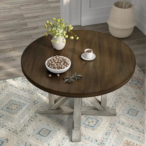 Table de salle à manger ronde de 47 pouces, blanc antique et chêne foncé